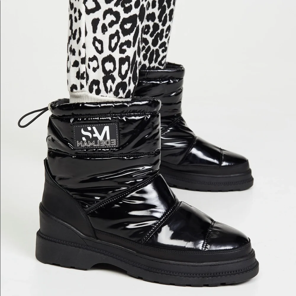 Sam Edelman Carlton Black Leather Trimmed Glossy Lug Sole Snow Boots Size 7 NIB